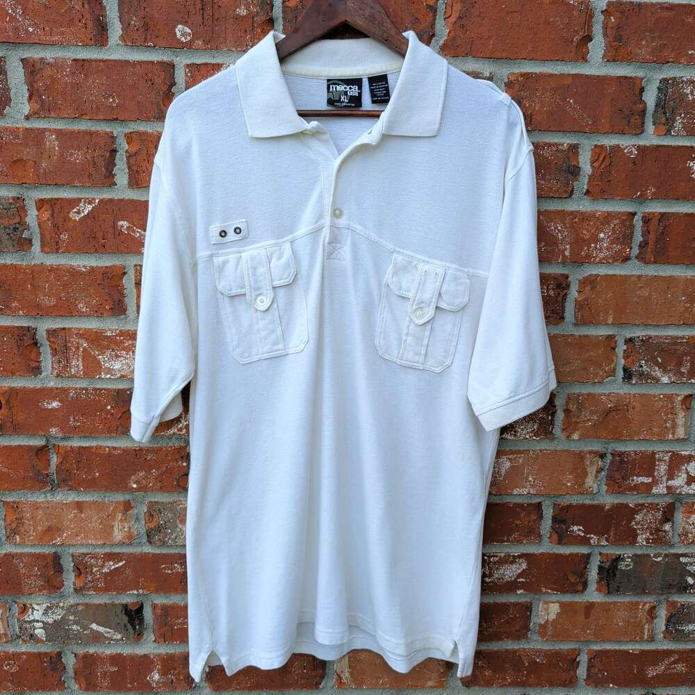 Mecca USA Cargo Pocket Polo Mens XL White Y2K Snap Pocket Rugby